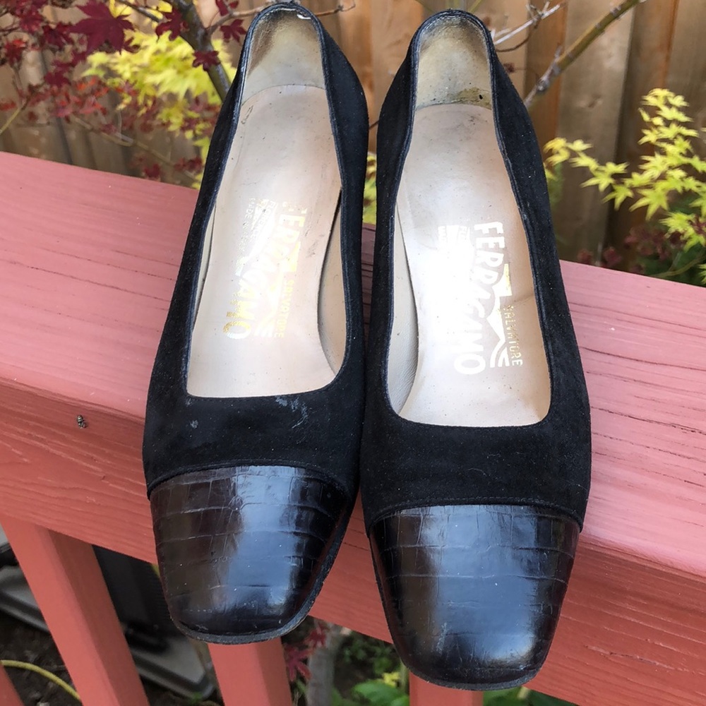 Ferragamo suede leather black shoes, size 4D, heels 1.5”
